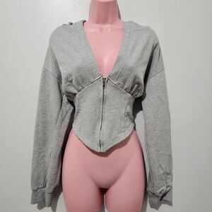 Missactiver -Sweater Hoodie Deep V Cropped Corset Full Zip - Size L - Gray